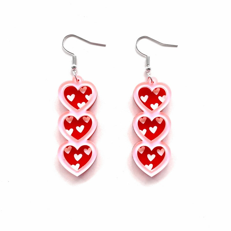 Romantic Pink And Glitter Red Triple Dangle Earrings Women Girl Fashion Trendy