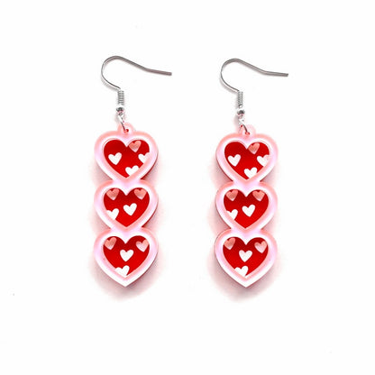 Romantic Pink And Glitter Red Triple Dangle Earrings Women Girl Fashion Trendy