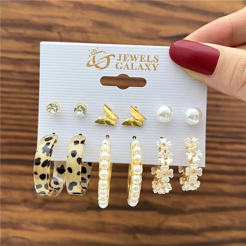 6 pairs Flower Pearl Leopard Hoop Earrings Fashion Women Summer Party Jewelry