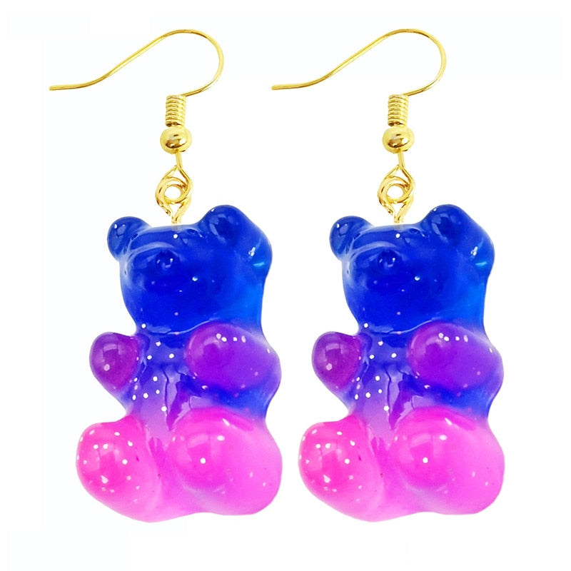 Ombre Blue Pink Bear Drop Earrings Women Art Fashion Cartoon Earrings Creative