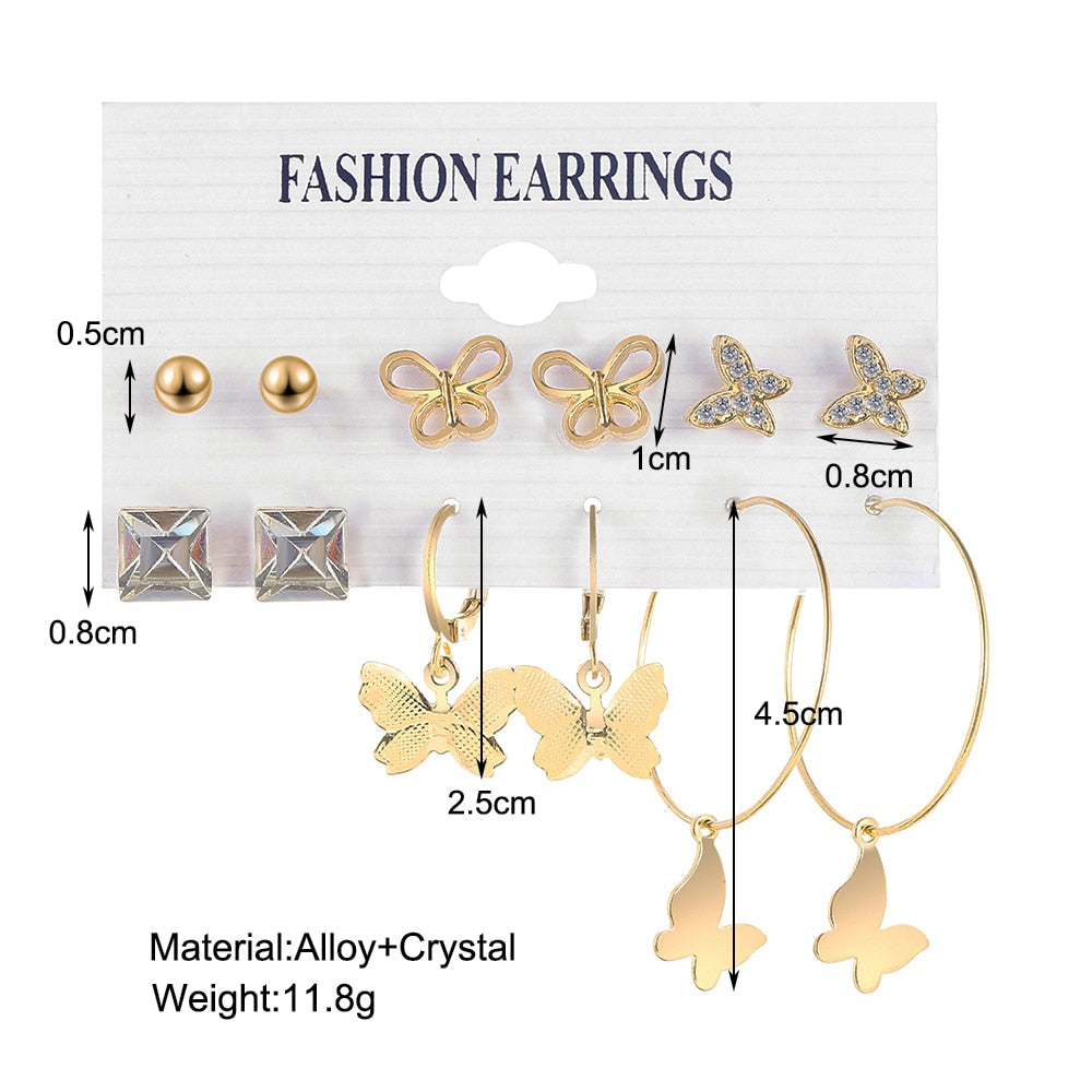 6 Pairs Butterfly Stud and Hoop Earrings Fashion Women Summer Party Jewelry