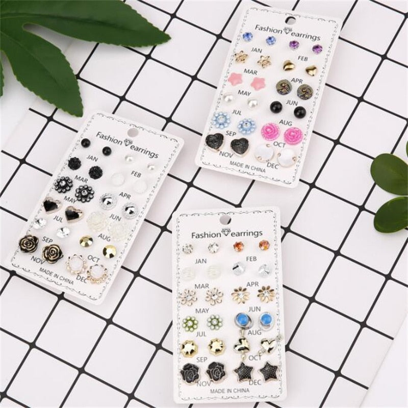 12Pairs/Set Crystal Rhinestone Flower Stud Earrings Women Gift Wedding Party