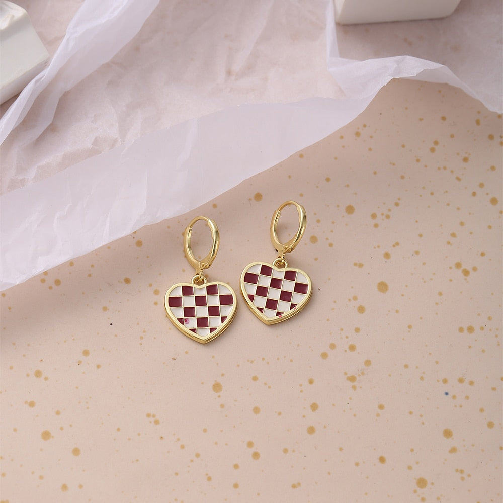 Brown Plaid Heart Dangle Earrings Fashion Party Girls Pendant Earrings Women