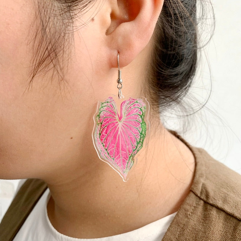 Acrylic Pink Botanical Caladium Leaves Drop Earrings Fashion Women Summer Party