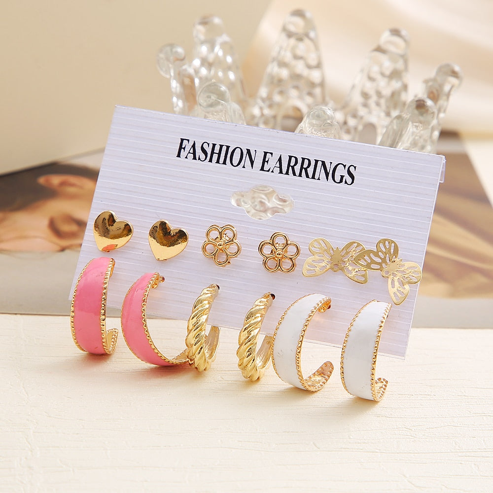 33 Styles 5-9Pairs Set Drop Hoop Earrings Set Acrylic Pearl Tassel Fashion Women