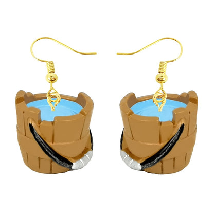 Wooden Bucket with Water Drop Earrings Women Art Fashion Cartoon Earrings