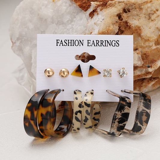 6Pairs Animal Pattern Acrylic Hoop Earrings Fashion Women Summer Party Jewelry