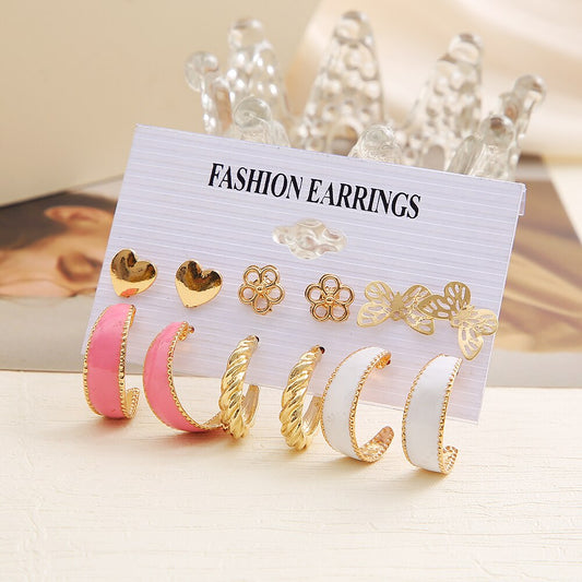6 Pairs Pink White Hoop Earrings Fashion Women Summer Party Jewelry Girls Gifts