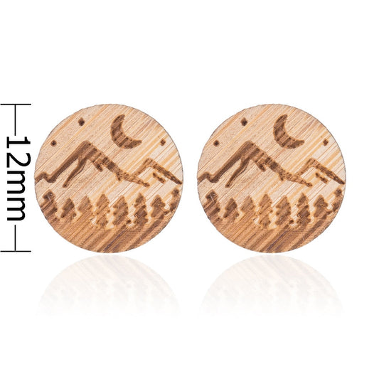 Wooden Mountain Moon Lady Cute Stud Earrings for Women Jewelry Girls Earrings