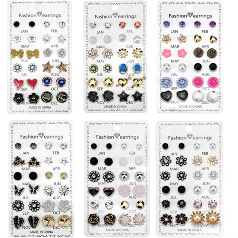 12Pairs/Set Crystal Rhinestone Flower Stud Earrings Women Gift Wedding Party