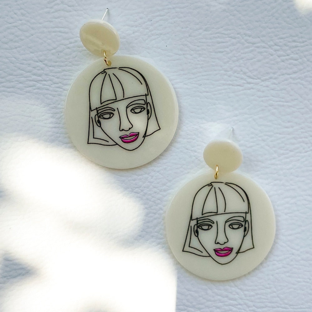 Geometric Face Hand Painted Resin Drop Earrings Women Girl Party Gift Fashion