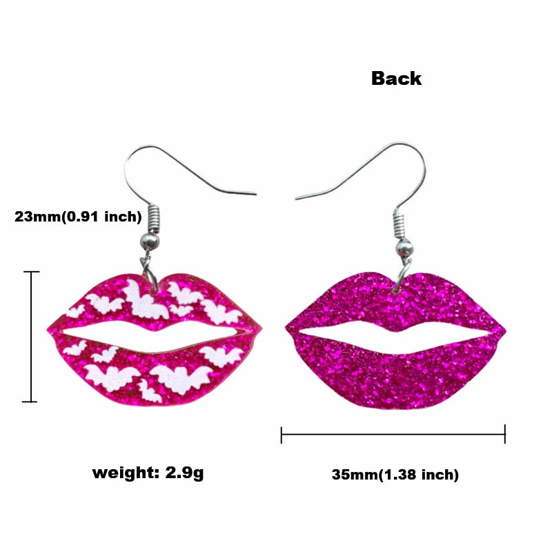 Hot Pink Glitter Lip With Bat Acrylic Drop Earrings Fashion Women Summer Party