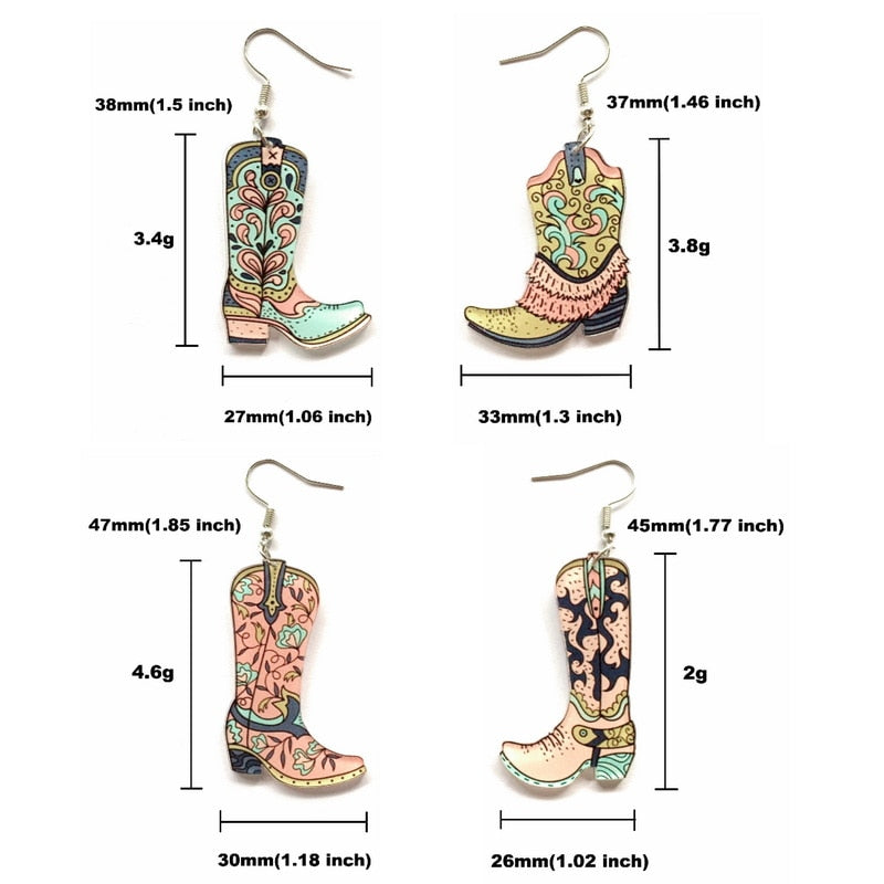 Chic Cowgirl Boots Flower Pattern Drop Charm Earrings For Women Girl Fashion