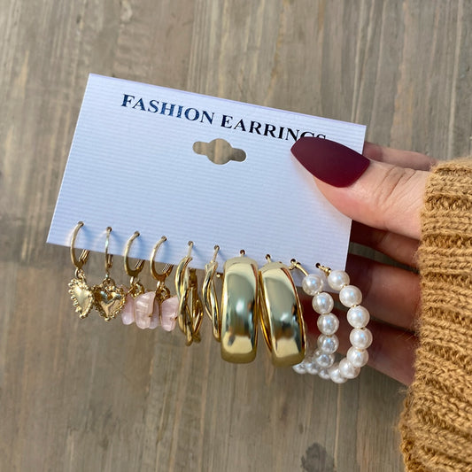 5 Pairs Faux Pearl Golden Hoop Earrings Fashion Women Summer Party Jewelry Girls