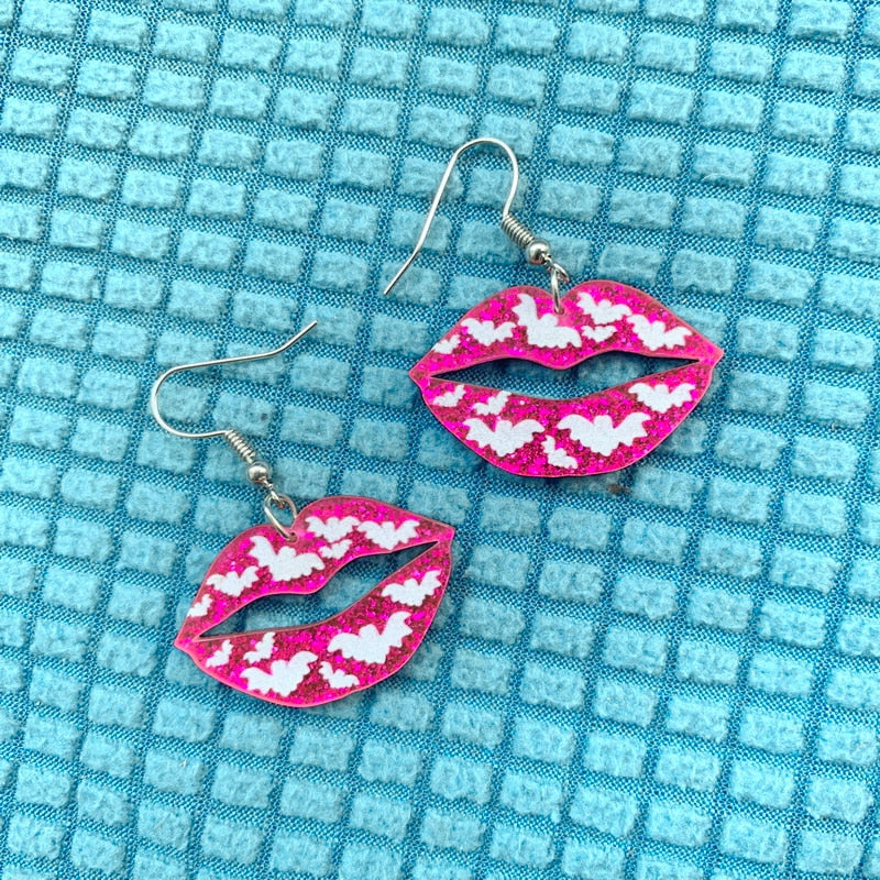 Hot Pink Glitter Lip With Bat Acrylic Drop Earrings Fashion Women Summer Party