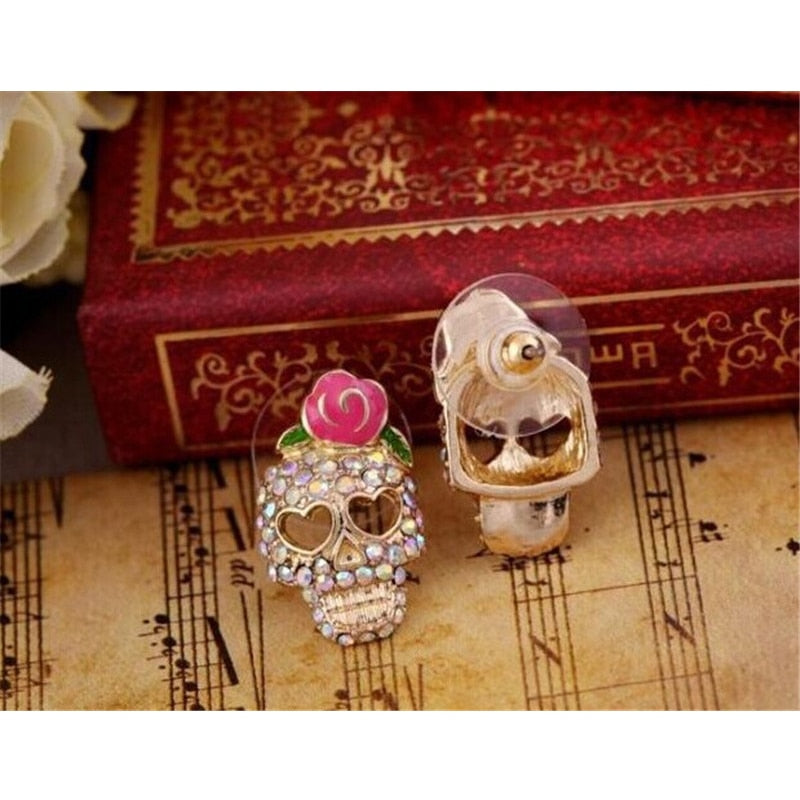 Rhinestone Flower Skull Stud Earrings Fashion Shiny Ladies Jewelry Women Classic