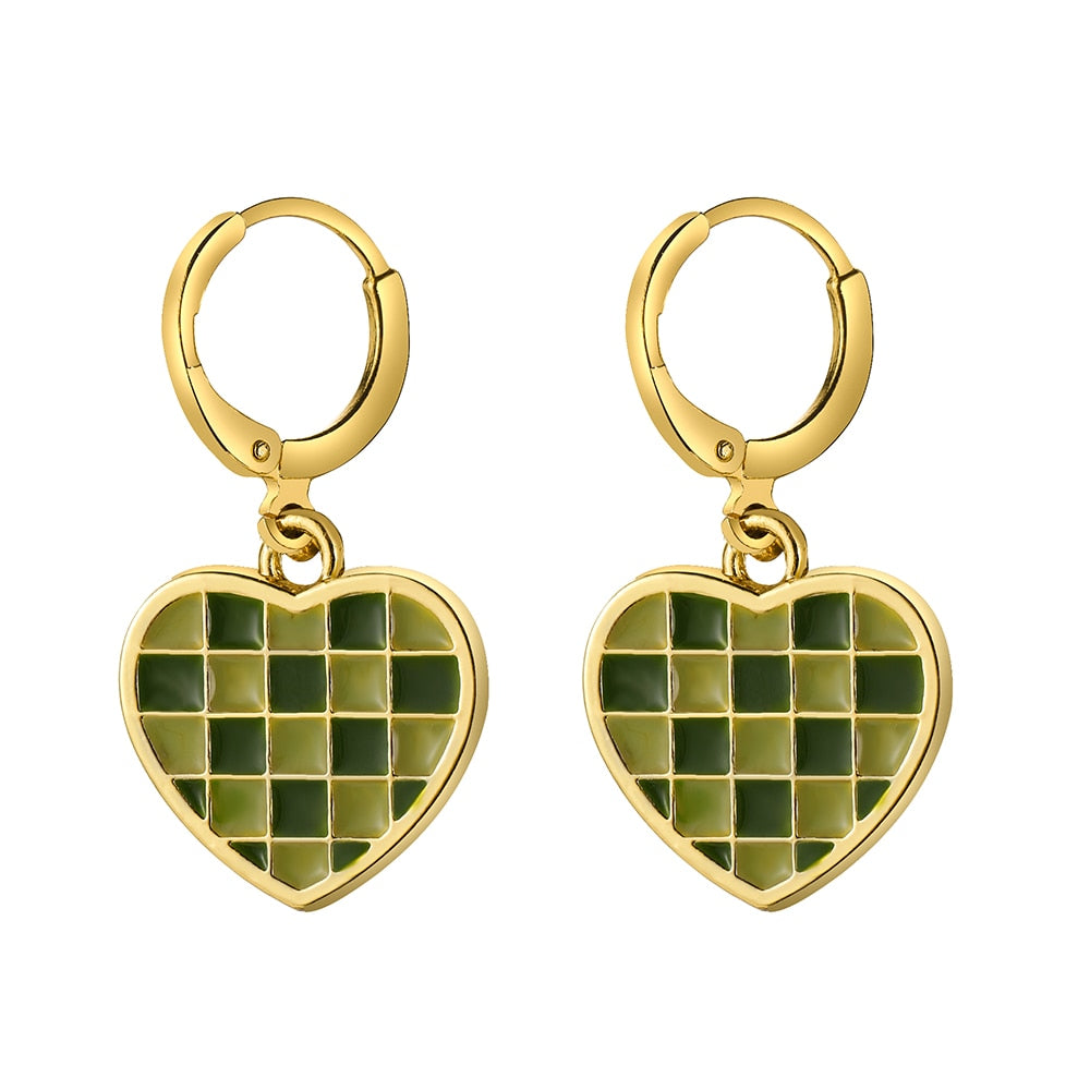 Green Plaid Heart Dangle Earrings Fashion Party Girls Pendant Earrings Women