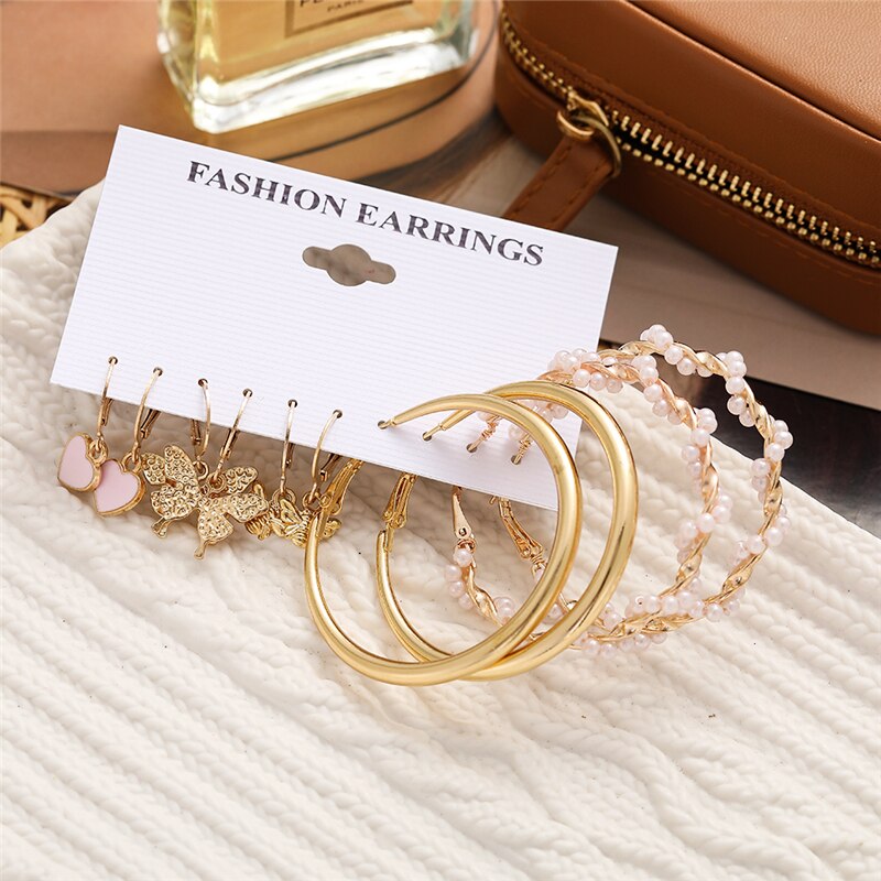5 Pairs Heart Butterfly Drop and Hoop Earrings Fashion Women Summer Party