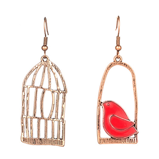 Red Bird and Birdcage Dangle Earrings Women Fashion Modern Accessories Cute