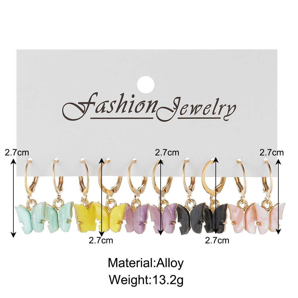 5pairs Five Colors Butterfly Pendant Drop Earrings Fashion Women Summer Party