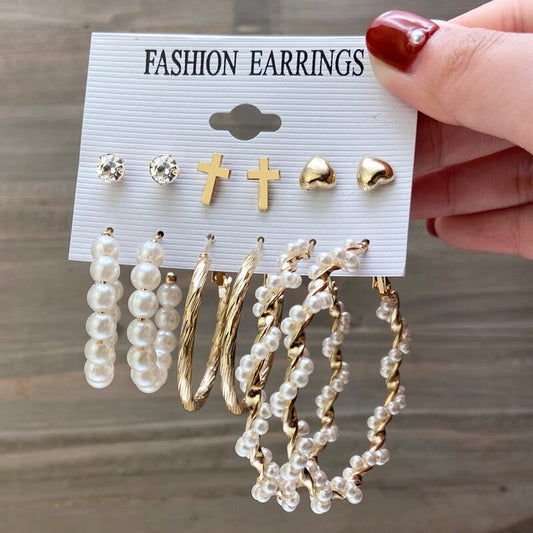 6 Pairs Twisted Pearl Hoop Earrings Set Fashion Women Summer Party Jewelry Girls