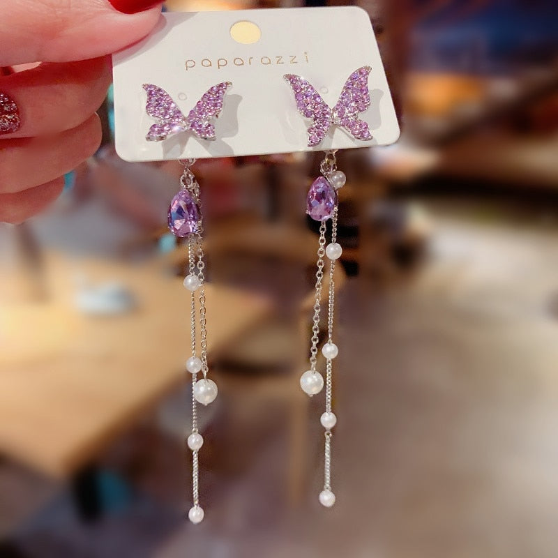 Purple Crystal Butterfly Tassel Lady Cute Drop Earrings for Women Jewelry Girls