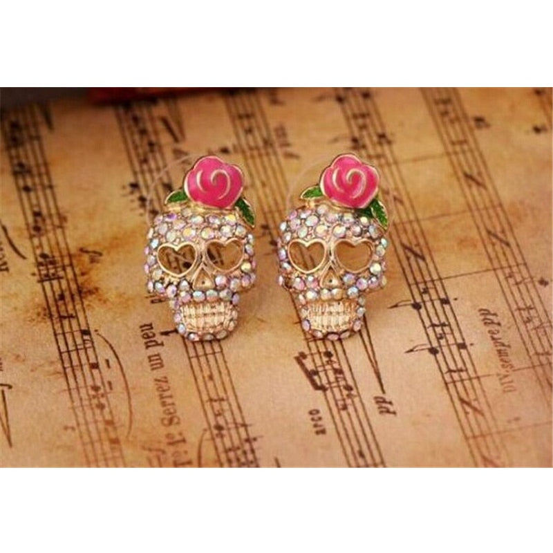 Rhinestone Flower Skull Stud Earrings Fashion Shiny Ladies Jewelry Women Classic