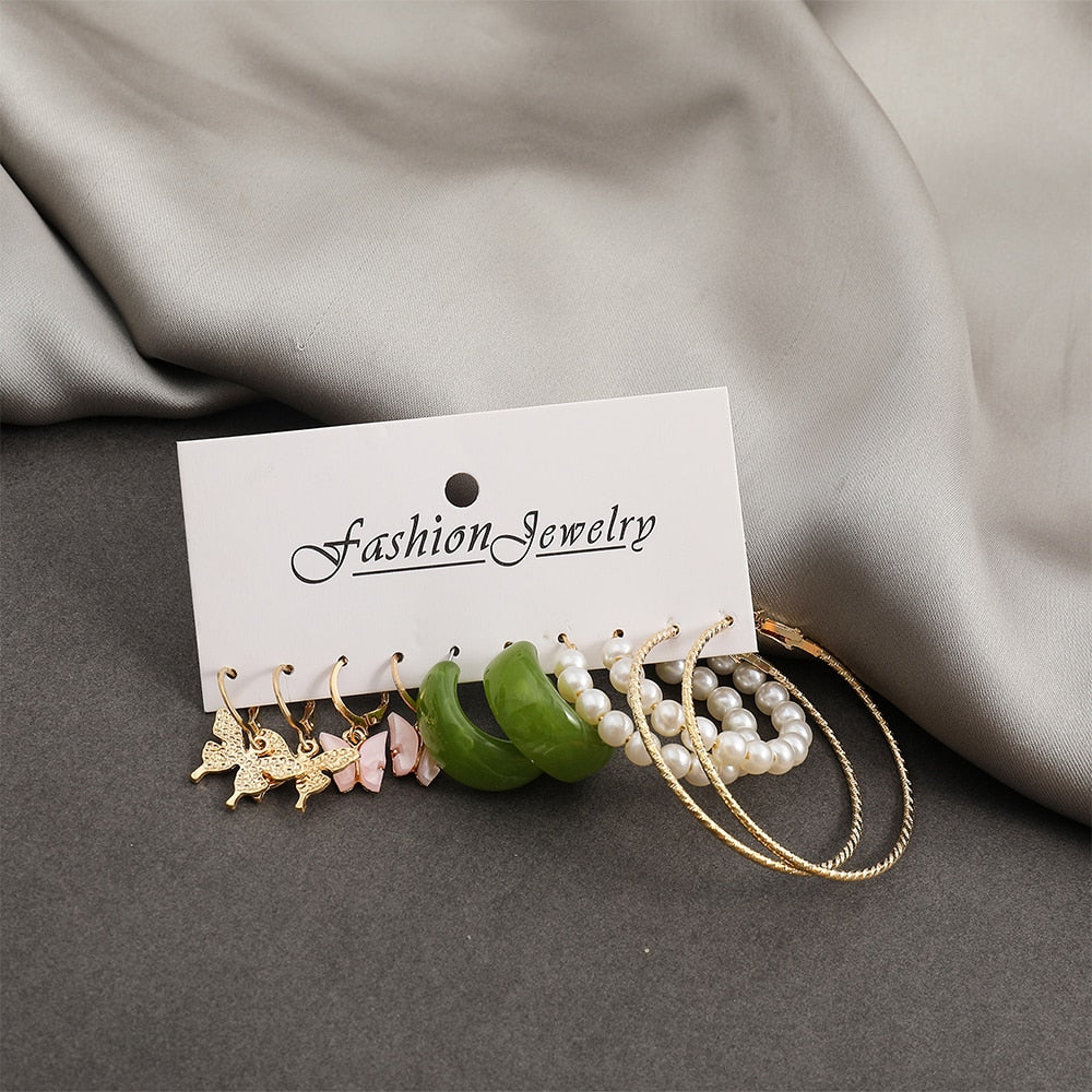 5 Pairs Faux Pearl Metal Green Hoop Earrings Set Fashion Women Summer Party