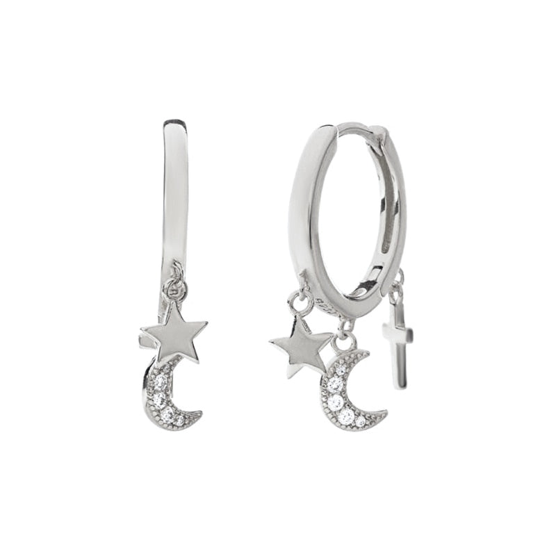 Silver-colored Moon Star Cross Piercing Cartilage Earrings Women Girl Fashion