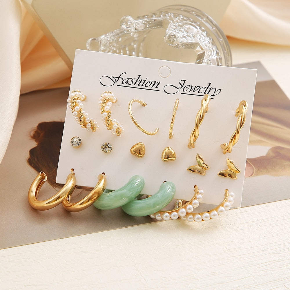 33 Styles 5-9Pairs Set Drop Hoop Earrings Set Acrylic Pearl Tassel Fashion Women