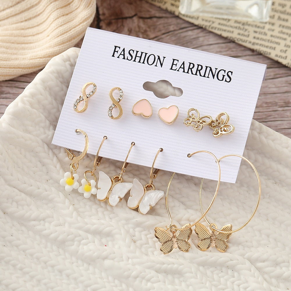 33 Styles 5-9Pairs Set Drop Hoop Earrings Set Acrylic Pearl Tassel Fashion Women