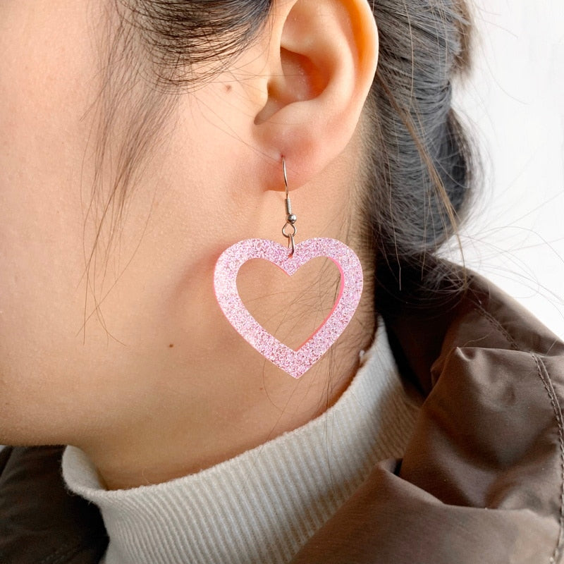 Simple Classic Style Glitter Pink Hollow Out Heart Dangle Earrings for Girls