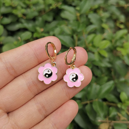 Yin Yang Flower Pink Dangle Earrings Women Girl Fashion Trendy Jewelry