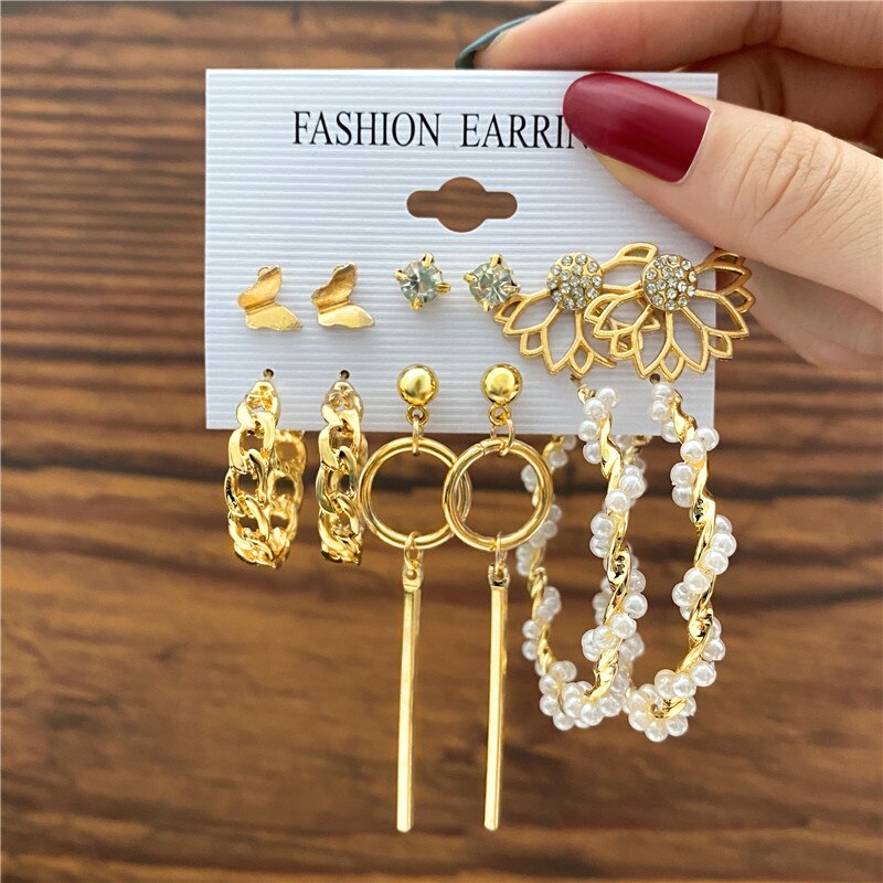 6 Pairs Flower Chain Stud and Hoop Earrings Fashion Women Summer Party Jewelry