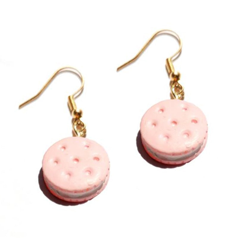 Resin Pink Cookie Sandwich Drop Earrings Women Art Fashion Cartoon Earrings