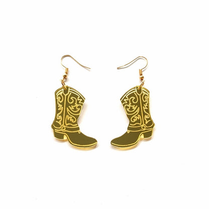 Mirror Laser Carved Pattern Cowboy Boots Dangle Earrings for Girls Women