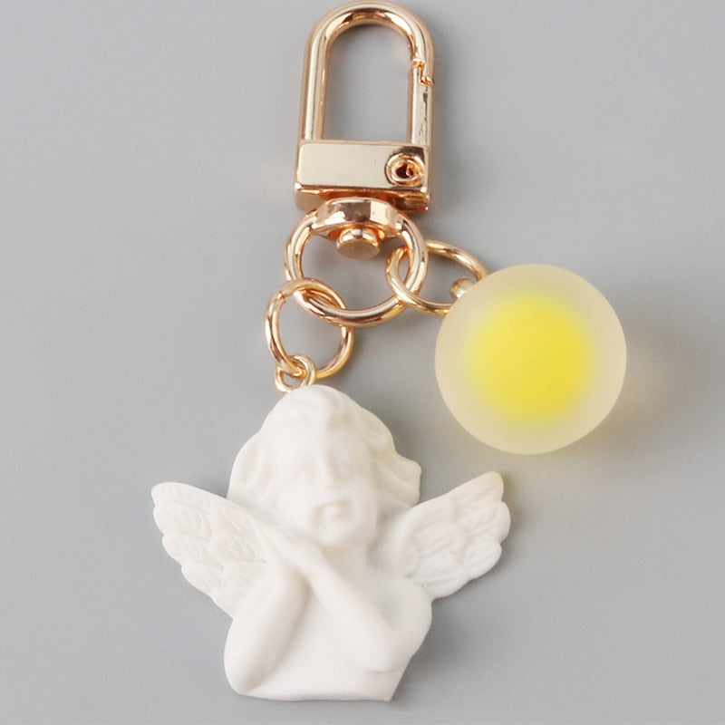 5 Colors White Angel Keychain Charms Women Cute Mini Jelly Ball Pendant Key Ring