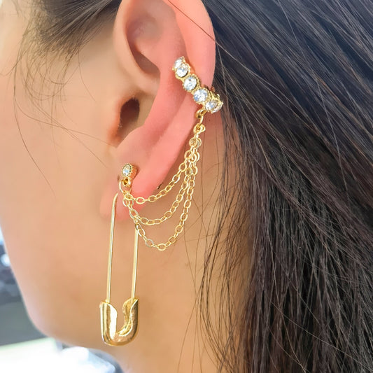 1pc Safety Pin Chain Boho Ear Cuff Set Earrings Women Travel Fashion Cartoon