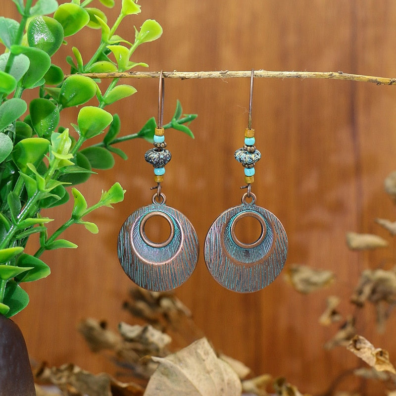 Vintage Bronze Disc Drop Charm Earrings For Women Girl Fashion Modern Jewelry