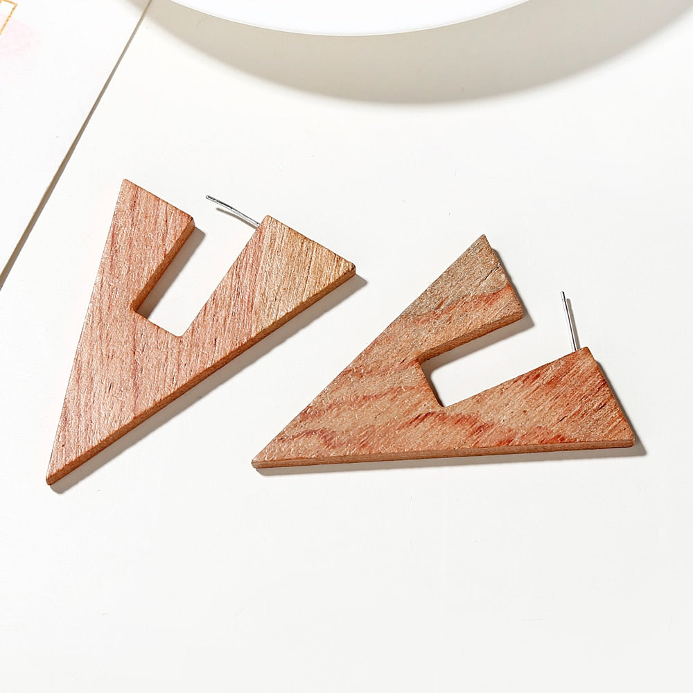 Wooden Triangle Geometric Drop Earrings Modern Women Stylish Gift Jewelry Ear