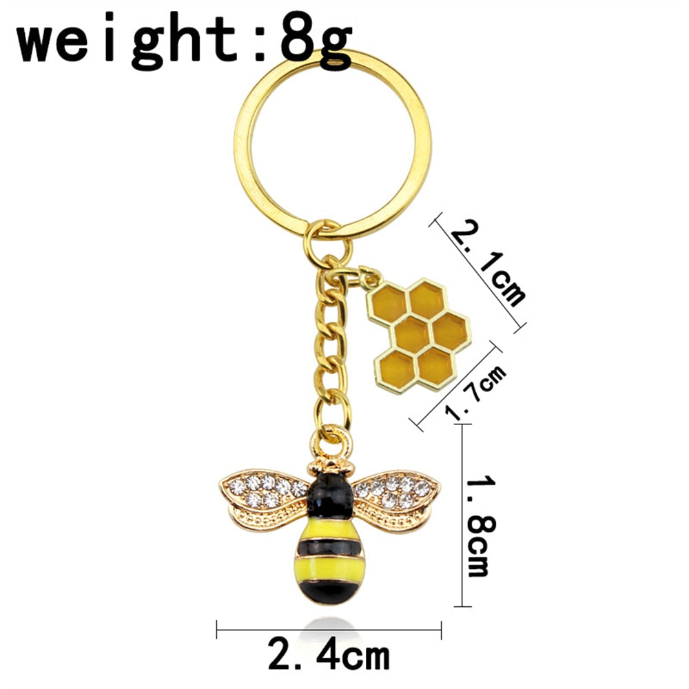 6 Styles Alloy Drip Oil Rhinestone Bee Keychain Hexagon Honeycomb Charms Key