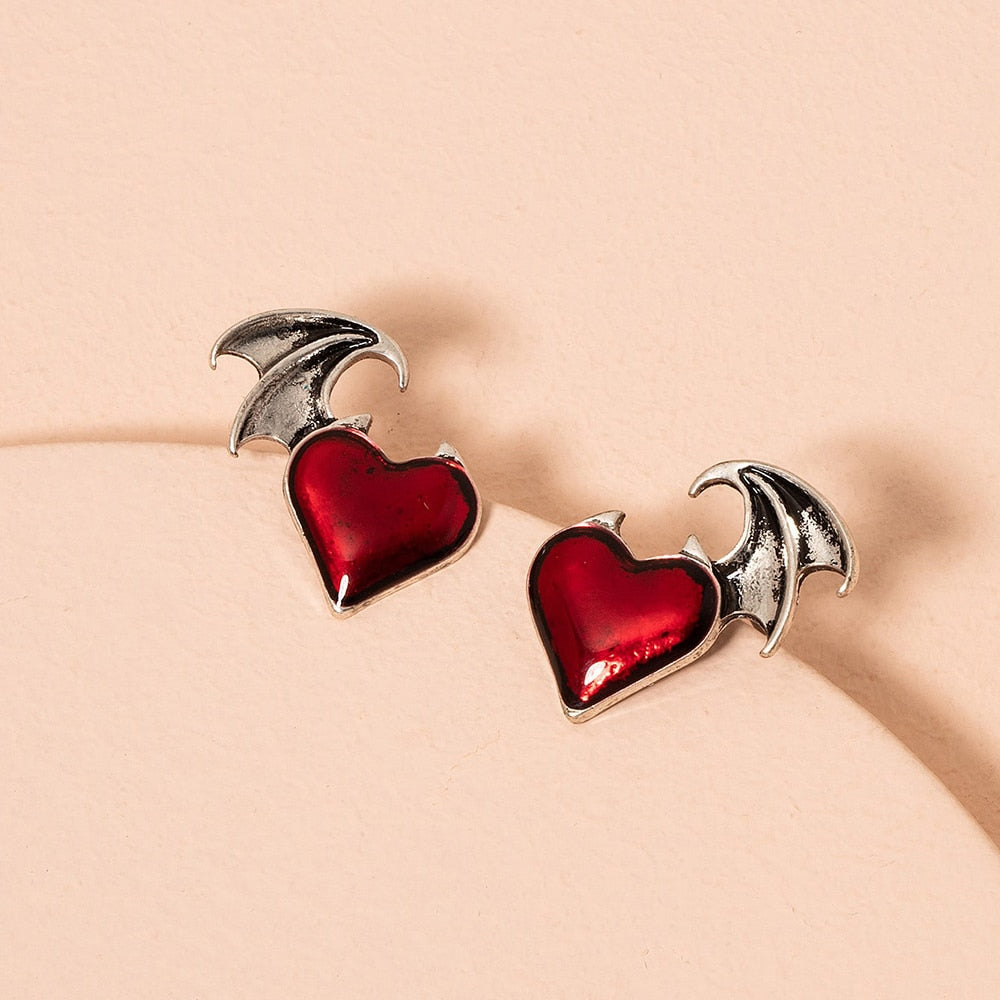 Red Devils Wings Heart-shaped Stud Earrings Charms Jewelry Fashion Creative