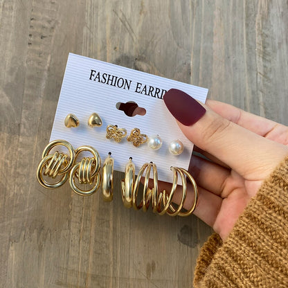 6 Pairs Golden Stud and Hoop Earrings Fashion Women Summer Party Jewelry Girls