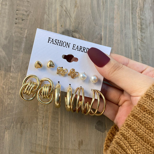 6 Pairs Golden Stud and Hoop Earrings Fashion Women Summer Party Jewelry Girls