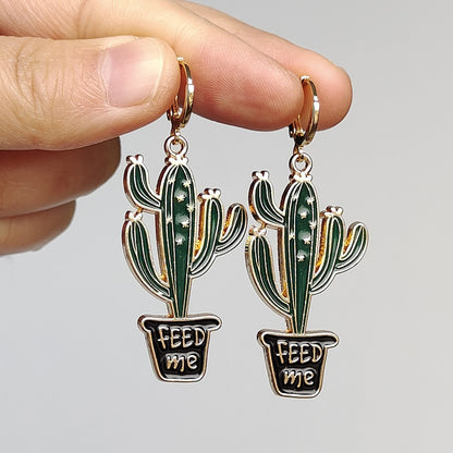 Feed Me Cactus Drop Earrings Cartoon Ear Pendants Accessories Women Art Jewelry