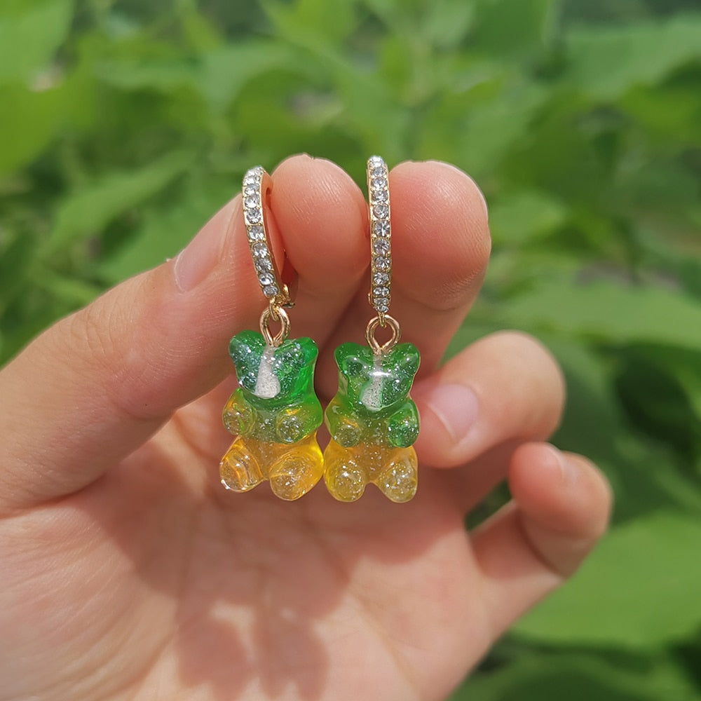 Yellow Green Ombre Bear Lady Cute Dangle Earrings for Women Jewelry Girls