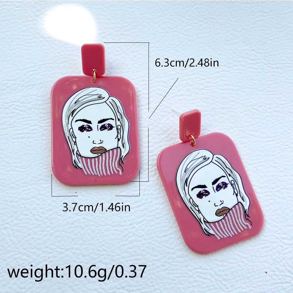 Girl Face Hand Painted Resin Drop Earrings Women Girl Party Gift Fashion Ear