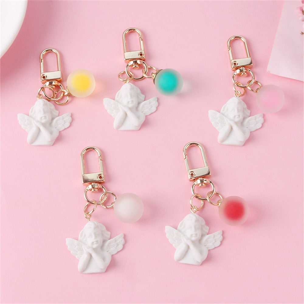 5 Colors White Angel Keychain Charms Women Cute Mini Jelly Ball Pendant Key Ring