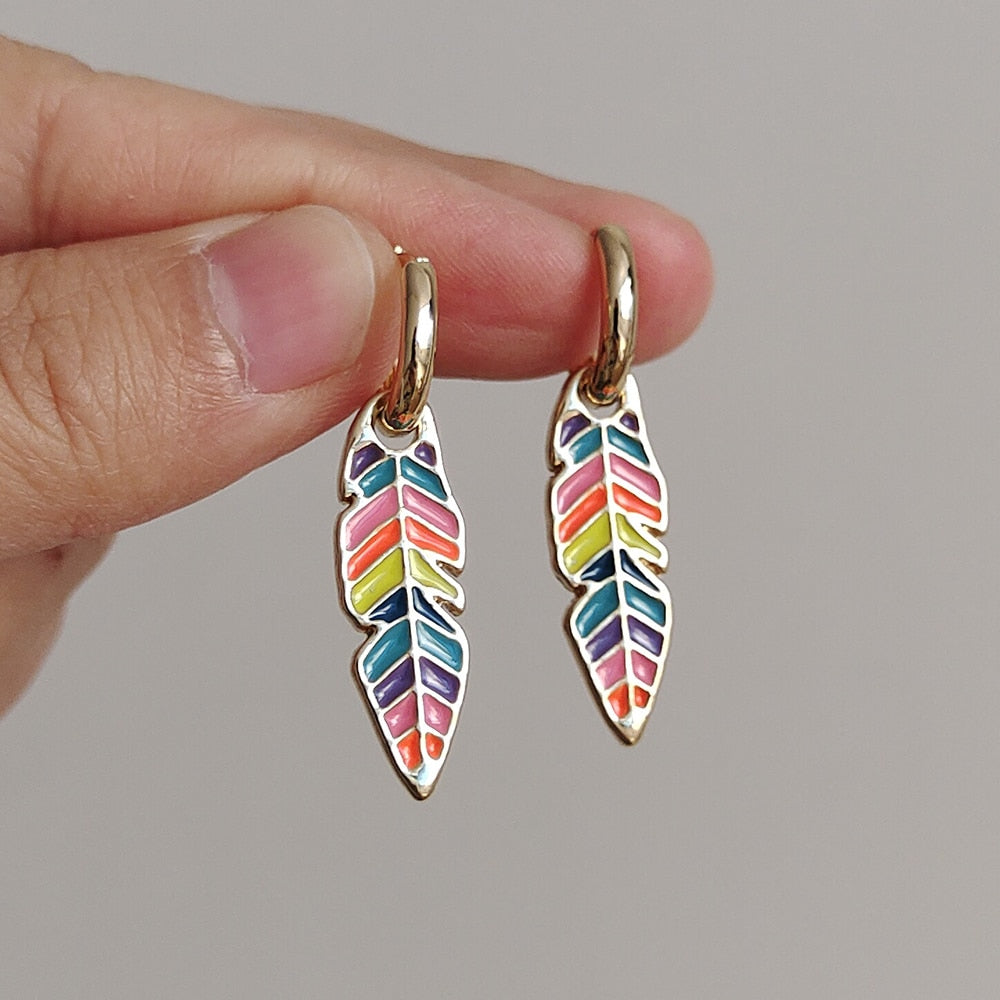 Colorful Long Leaf Drop Earrings Cartoon Ear Pendants Accessories Women Art