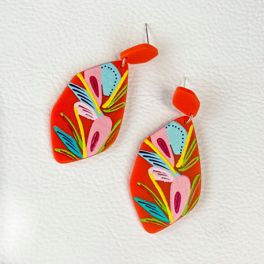 Red Floral Pattern Hand Painted Resin Drop Earrings Women Girl Party Gift